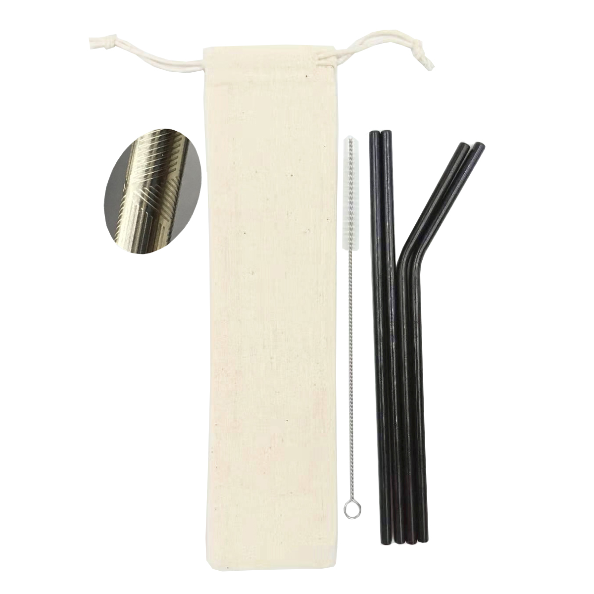 Black Stainless Steel Straw Set with decorative pattern