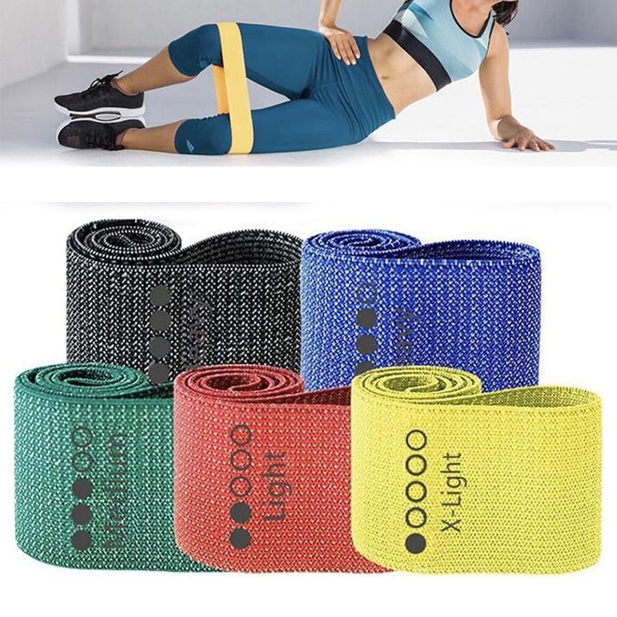 Exercise Hip Bands with non slip design, 5 sorted (color )Levels of Resistance